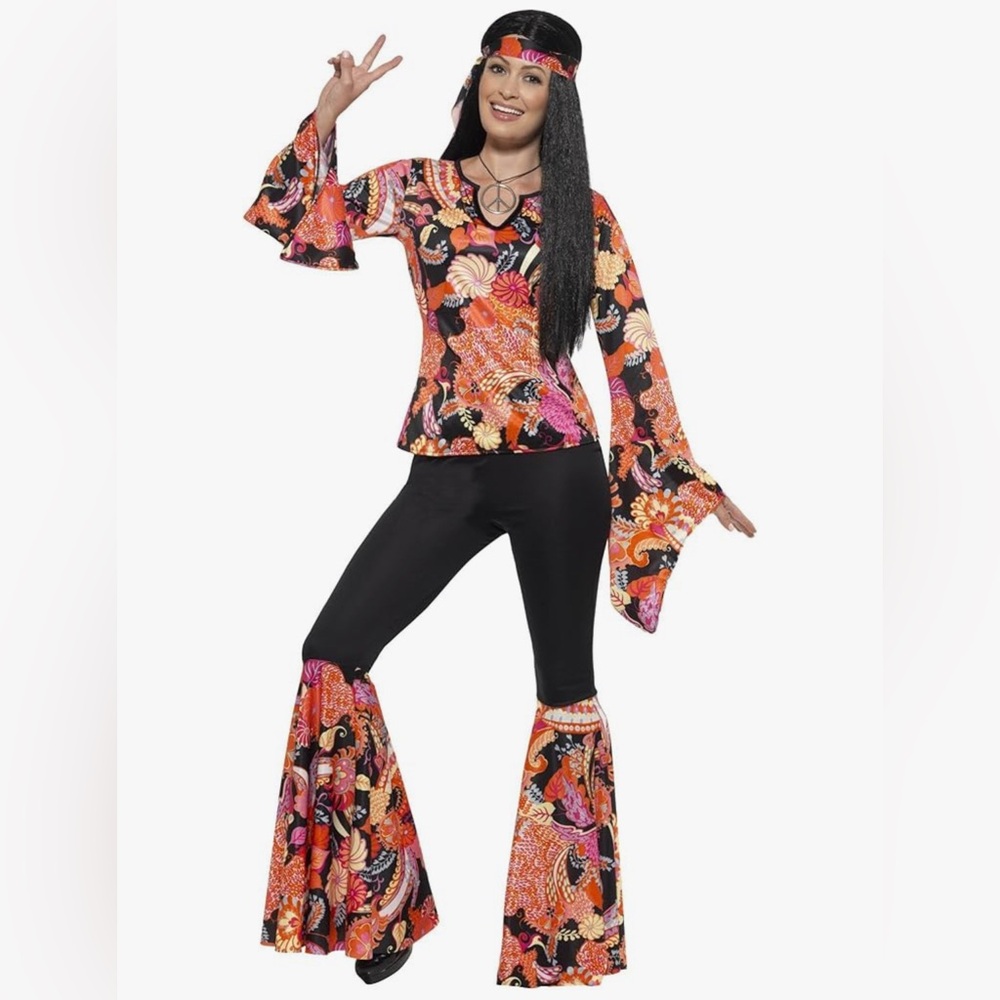 Women Hippie 70's Costume Floral Bell Sleeve Top Bell Bottom Headband Set Sz 1XL